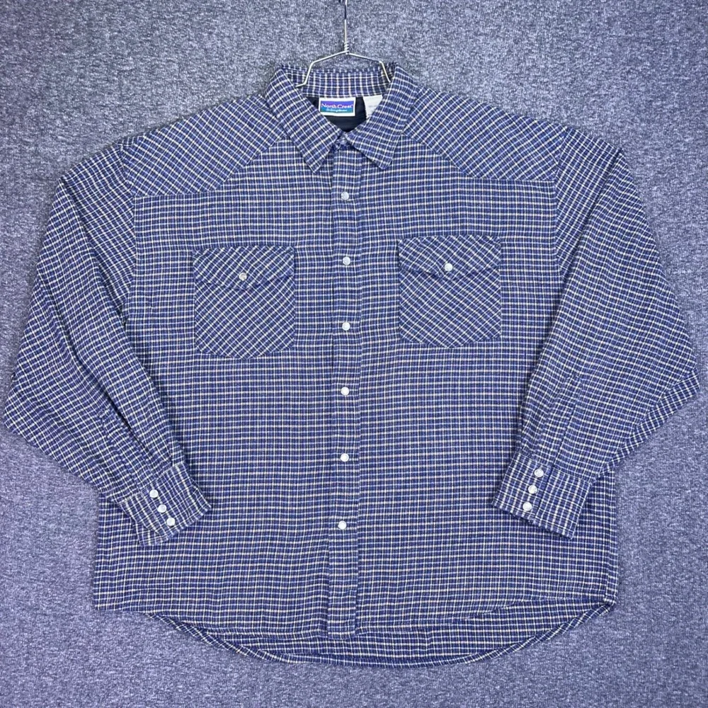 North Crest Shirt Mens XL Blue Plaid Pearl Snap Western Casual Cowboy Flannel‎